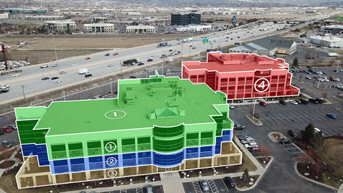 Large multisite of buildings with graphic overlay showing different zones used for access control system integration