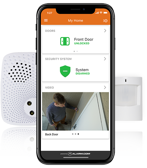 Smartphone, alarm siren and motion sensor with smart phone showing and arm/disarm button and that the front door is unlocked in the smart home security system app