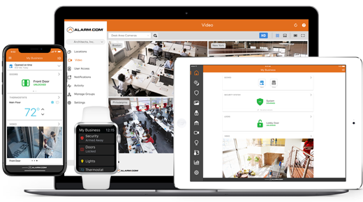 Laptop, smartwatch, smartphone and tablet showing connecting Alarm.com interface enabling alarm monitoring notifications and alerts to be sent to business owners and for them to view security cameras remotely