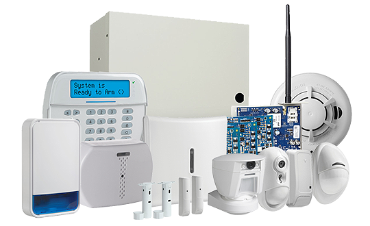 Commercial security system, control box, sensors, cameras, sirens, CO detector, cellular communicator, and security cameras