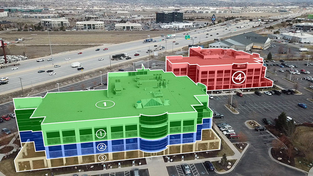 Multistory and multi-building site showing different security zones for each floor and building