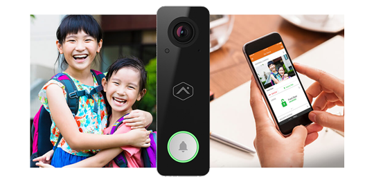 Showing image from Doorbell Camera on smartphone and image from home security cameras of kids getting home from school