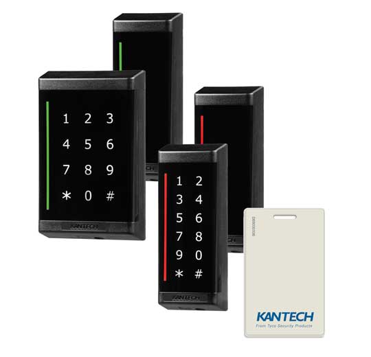 Collection of ioSmart card readers, keypads, and kantech access cards.