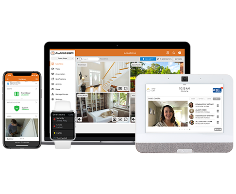 Smartphone, smartwatch, tablet and control panels showing live view of connected security cameras and doorbell cameras