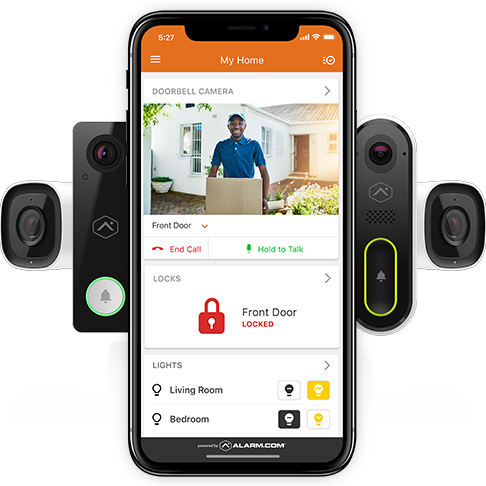 Several different doorbell cameras and smartphone showing live view of a connected doorbell camera in action with a courier at the door in the camera view