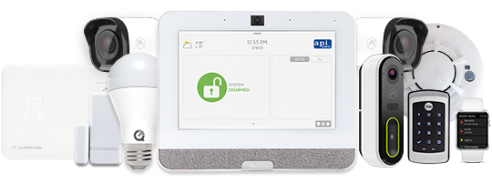 Smart home security system with touch control panel, security cameras, doorbell cameras, wired and wireless security sensors, motion sensors, smoke detector, smart thermostat, and smart lock devices - and a smartwatch receiving a notification from the home security system