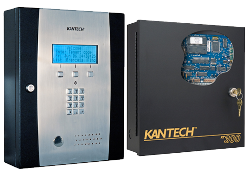 Two types of access control systems, a telephone entry system control box with display and keypad and a Kantech access control system control panel with a cutaway showing the circuit boards inside