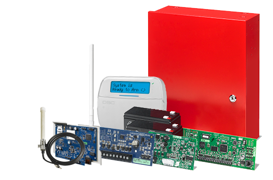 Fire alarm monitoring communicator box to connect to a.p.i. ALARM's ULC certified Alarm Monitoring station, pictured with keypad, circuit boards, and wireless cellular antenna and antenna extender