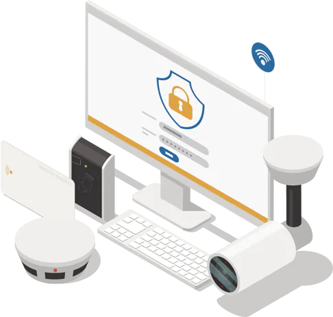 Graphic and icons showing a security system and alarm monitoring solution.